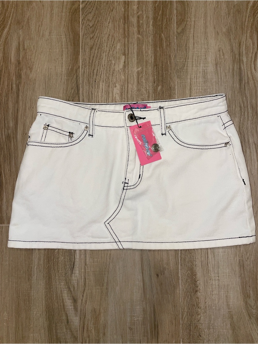 Edikted White Denim Mini Skirt with Black Contrast Stitching